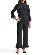 Ming Wang Embellished Soft Knit High Neck 3/4 Feather Trim Top