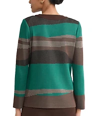 Ming Wang Embroidered Landscape Jacquard Knit Round Neck Bracelet Sleeve Jacket