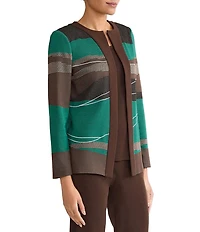 Ming Wang Embroidered Landscape Jacquard Knit Round Neck Bracelet Sleeve Jacket