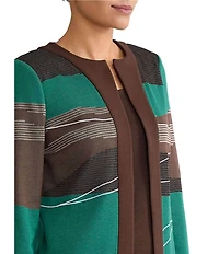Ming Wang Embroidered Landscape Jacquard Knit Round Neck Bracelet Sleeve Jacket