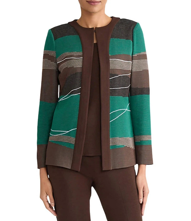 Ming Wang Embroidered Landscape Jacquard Knit Round Neck Bracelet Sleeve Jacket