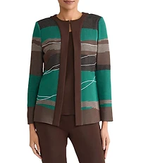 Ming Wang Embroidered Landscape Jacquard Knit Round Neck Bracelet Sleeve Jacket