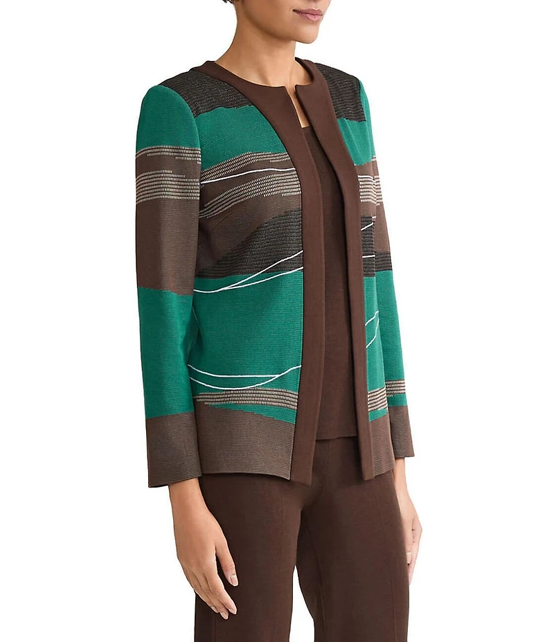 Ming Wang Embroidered Landscape Jacquard Knit Round Neck Bracelet Sleeve Jacket