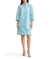 Ming Wang Embroidered Stitch Stand V-Neck 3/4 Sleeve Midi Dress