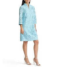 Ming Wang Embroidered Stitch Stand V-Neck 3/4 Sleeve Midi Dress