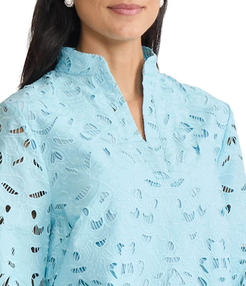 Ming Wang Embroidered Stitch Stand V-Neck 3/4 Sleeve Midi Dress