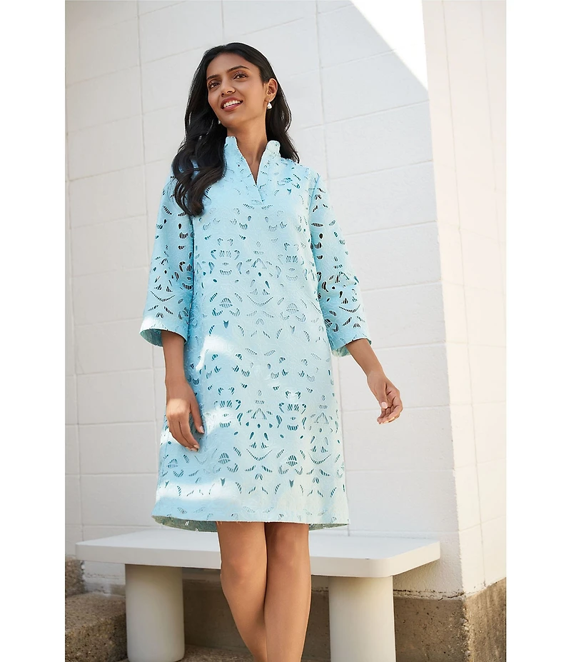 Ming Wang Embroidered Stitch Stand V-Neck 3/4 Sleeve Midi Dress