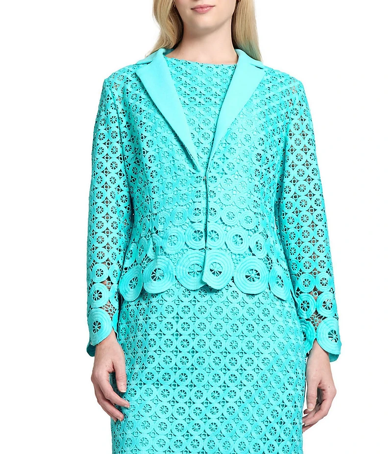 Ming Wang Eyelet Lace Cutout Notch Lapel V-Neck Long Sleeve Jacket