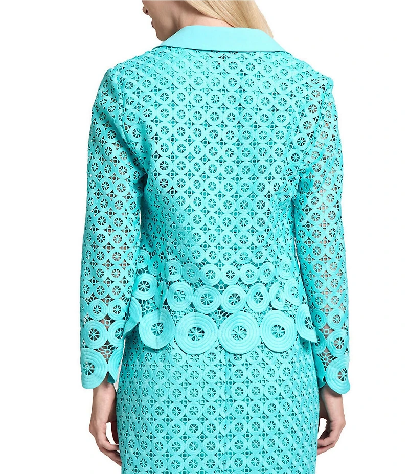 Ming Wang Eyelet Lace Cutout Notch Lapel V-Neck Long Sleeve Jacket
