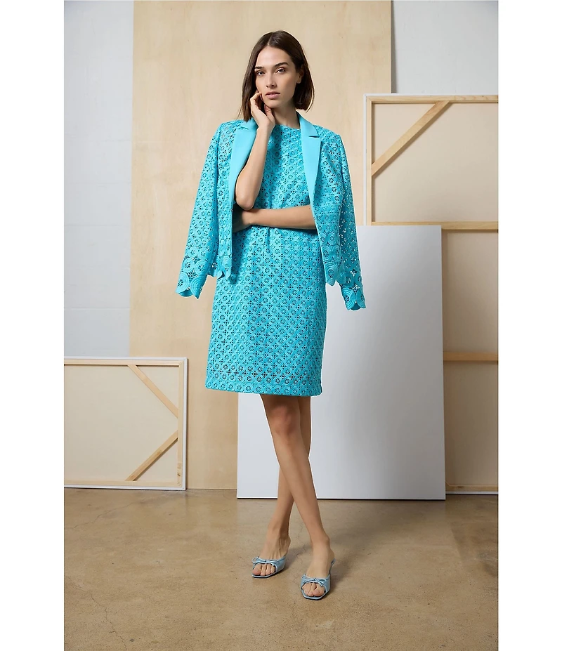 Ming Wang Eyelet Lace Cutout Notch Lapel V-Neck Long Sleeve Jacket