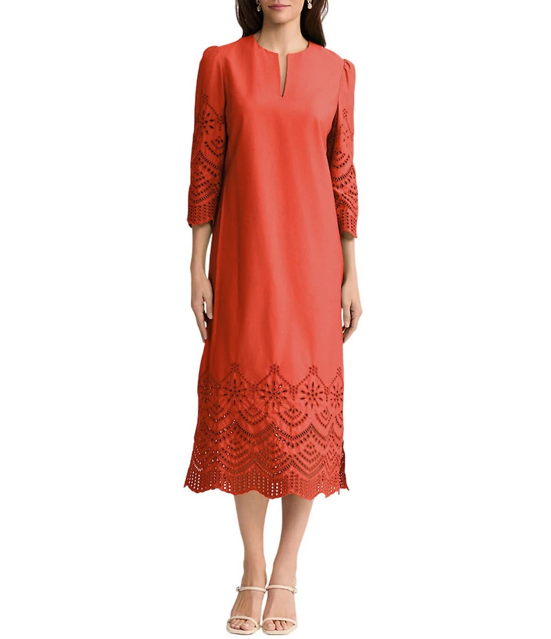 Ming Wang Eyelet Split Jewel Neck Bracelet Sleeve Straight Maxi Dress