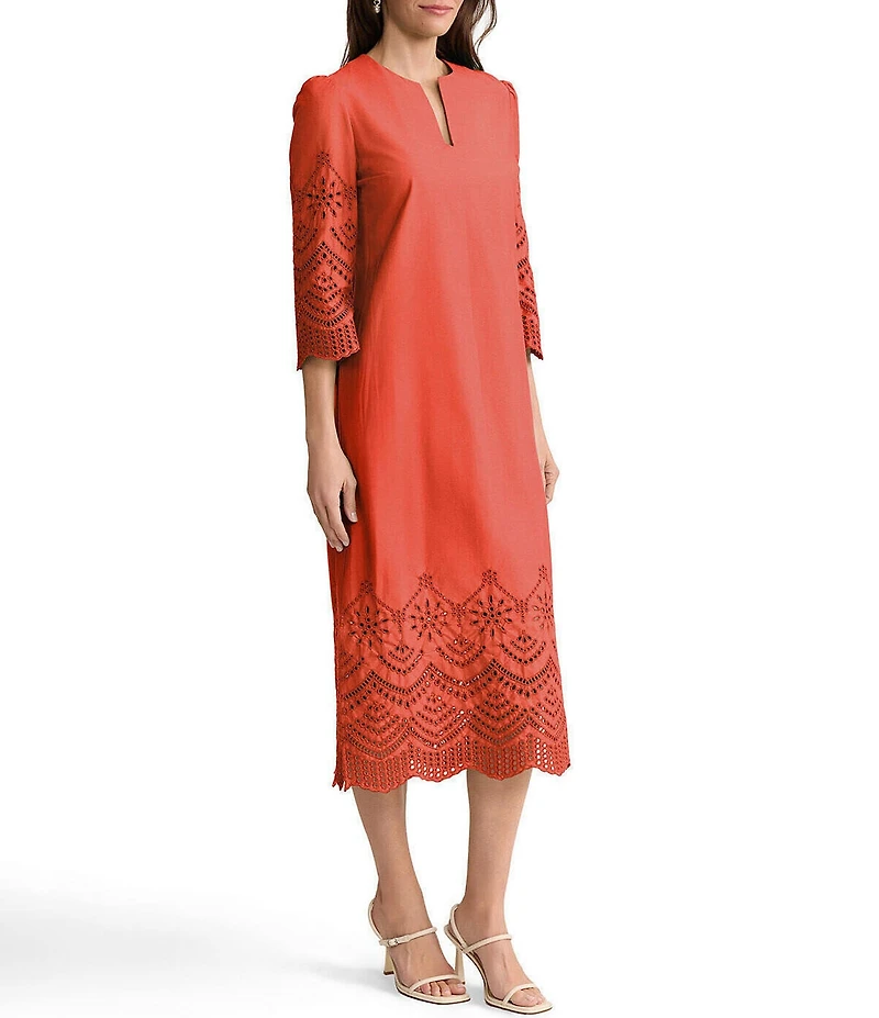 Ming Wang Eyelet Split Jewel Neck Bracelet Sleeve Straight Maxi Dress
