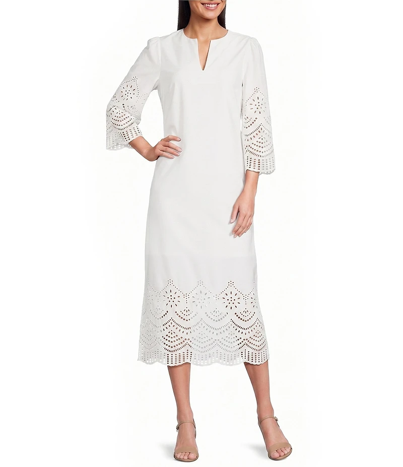 Ming Wang Eyelet Split Jewel Neck Bracelet Sleeve Straight Maxi Dress