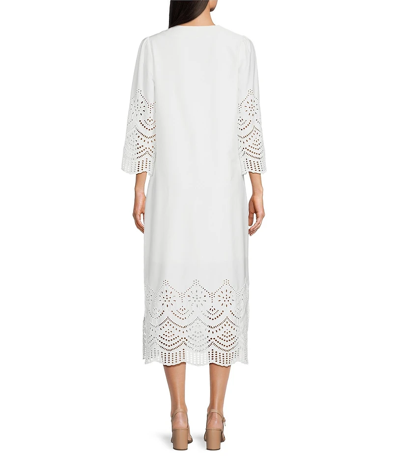 Ming Wang Eyelet Split Jewel Neck Bracelet Sleeve Straight Maxi Dress