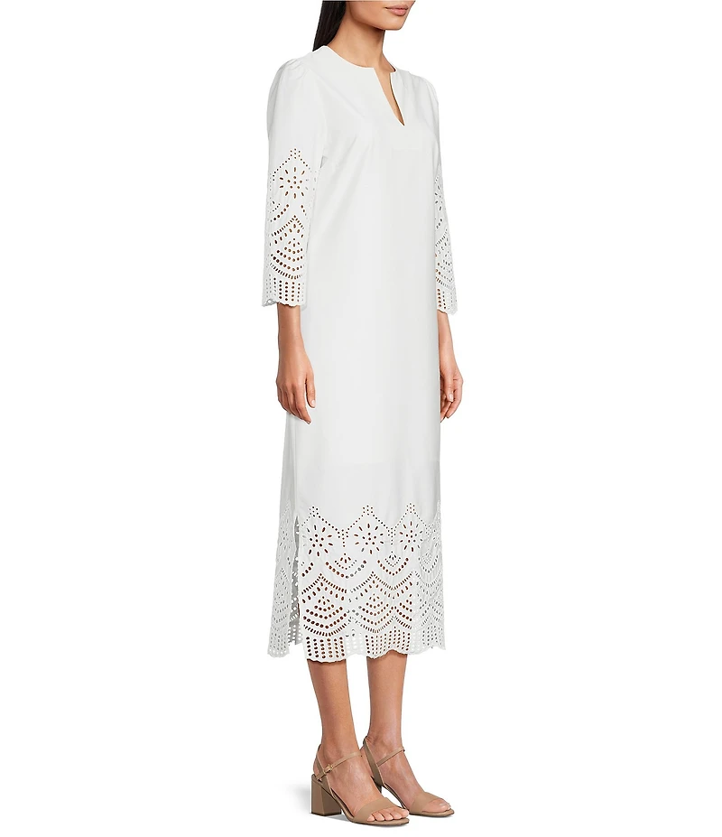 Ming Wang Eyelet Split Jewel Neck Bracelet Sleeve Straight Maxi Dress