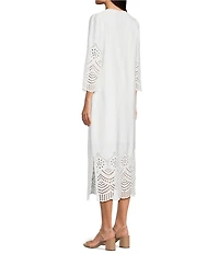 Ming Wang Eyelet Split Jewel Neck Bracelet Sleeve Straight Maxi Dress