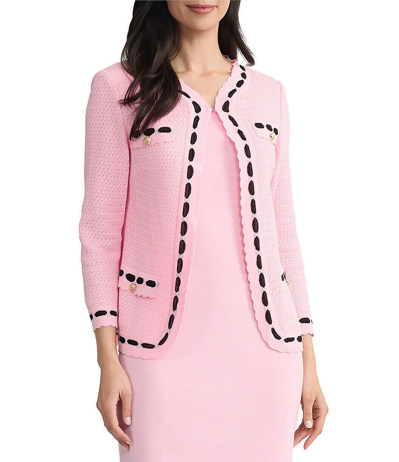 Ming Wang Faux Ribbon Trim Knit Crew Neck Bracelet Sleeve Jacket