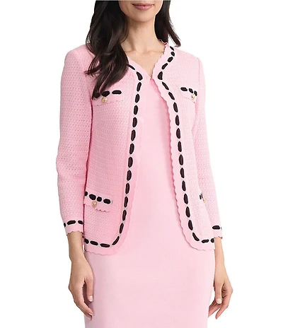 Ming Wang Faux Ribbon Trim Knit Crew Neck Bracelet Sleeve Jacket