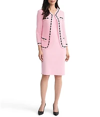 Ming Wang Faux Ribbon Trim Knit Crew Neck Bracelet Sleeve Jacket