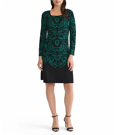 Ming Wang Filigree Jacquard Soft Knit Square Neck Long Sleeve Dress