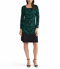 Ming Wang Filigree Jacquard Soft Knit Square Neck Long Sleeve Dress