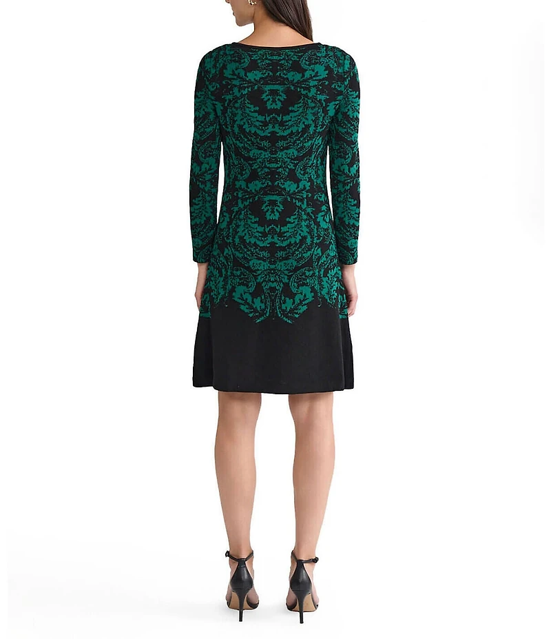 Ming Wang Filigree Jacquard Soft Knit Square Neck Long Sleeve Dress