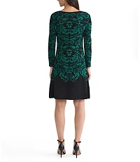 Ming Wang Filigree Jacquard Soft Knit Square Neck Long Sleeve Dress