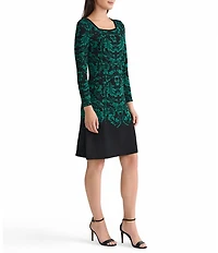 Ming Wang Filigree Jacquard Soft Knit Square Neck Long Sleeve Dress