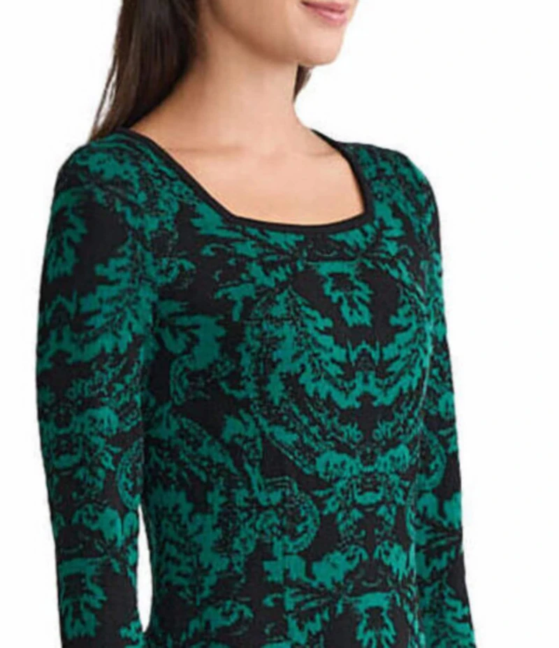 Ming Wang Filigree Jacquard Soft Knit Square Neck Long Sleeve Dress