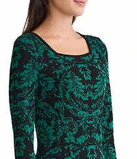 Ming Wang Filigree Jacquard Soft Knit Square Neck Long Sleeve Dress