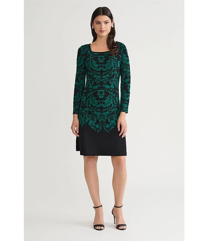 Ming Wang Filigree Jacquard Soft Knit Square Neck Long Sleeve Dress