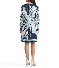 Ming Wang Floral Abstract Crepe Crew Neck Long Sleeve Shift Dress