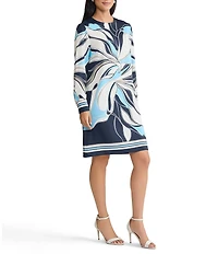Ming Wang Floral Abstract Crepe Crew Neck Long Sleeve Shift Dress