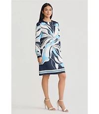 Ming Wang Floral Abstract Crepe Crew Neck Long Sleeve Shift Dress
