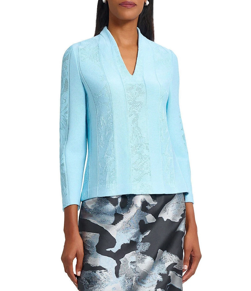 Ming Wang Floral Burnout Soft Knit Stand V-Neck Bracelet Sleeve Top