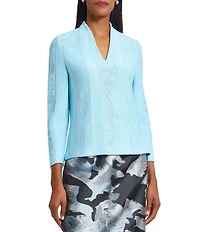 Ming Wang Floral Burnout Soft Knit Stand V-Neck Bracelet Sleeve Top