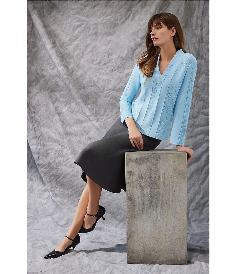 Ming Wang Floral Burnout Soft Knit Stand V-Neck Bracelet Sleeve Top