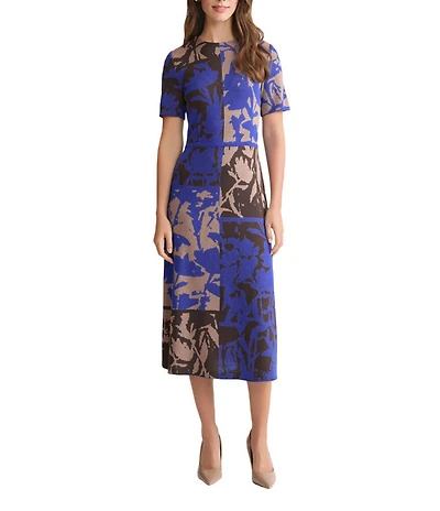 Ming Wang Floral Colorblock Knit Round Neck Short Sleeve Fit-And-Flare Midi Dress