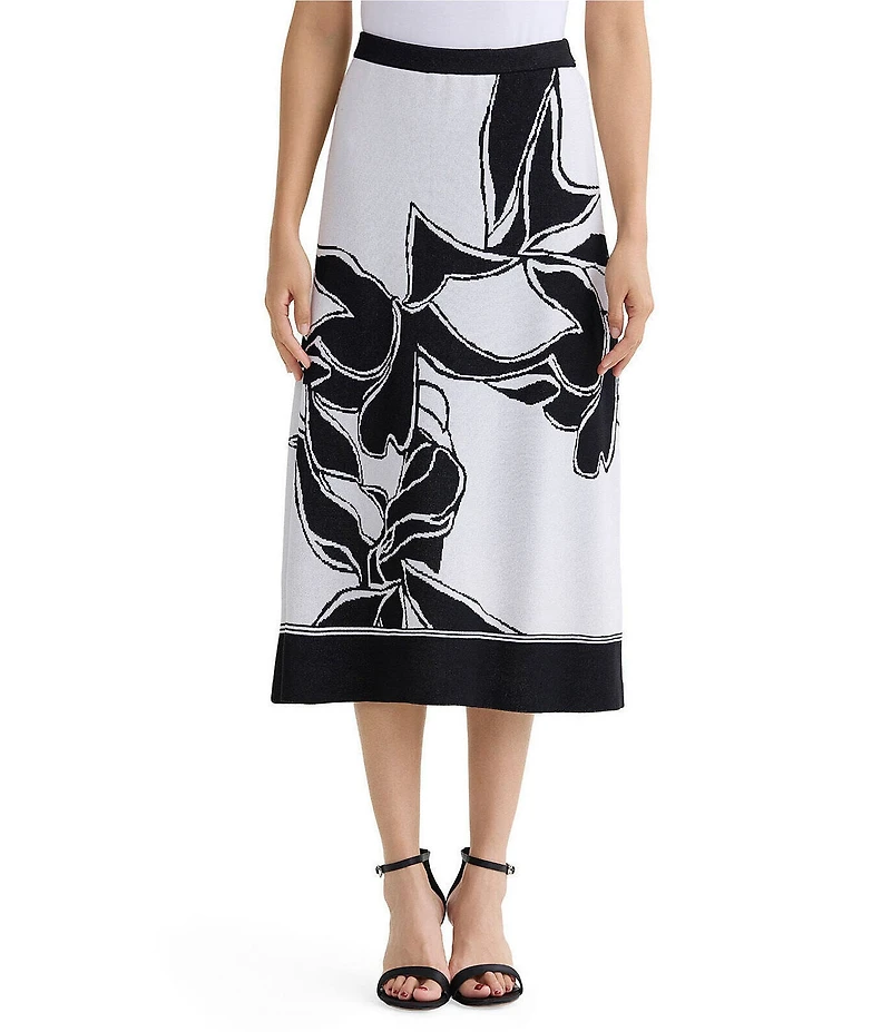 Ming Wang Floral Jacquard Knit A-Line Midi Skirt
