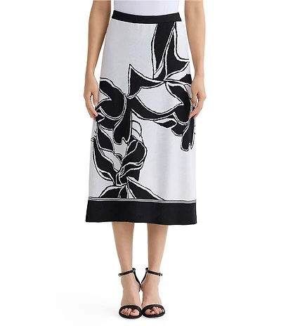 Ming Wang Floral Jacquard Knit A-Line Midi Skirt