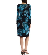 Ming Wang Floral Jacquard Knit Boat Neck Long Sleeve Sheath Dress