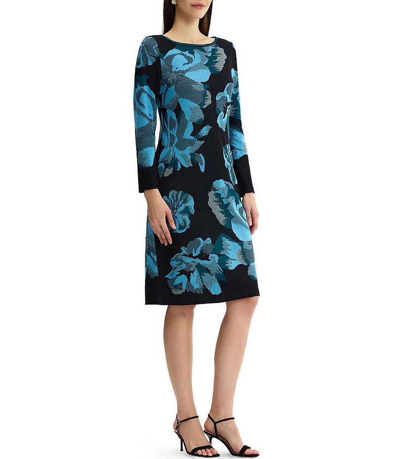 Ming Wang Floral Jacquard Knit Boat Neck Long Sleeve Sheath Dress