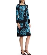 Ming Wang Floral Jacquard Knit Boat Neck Long Sleeve Sheath Dress