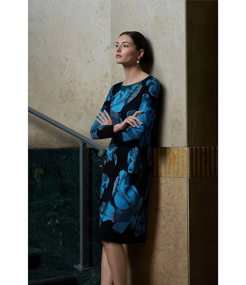 Ming Wang Floral Jacquard Knit Boat Neck Long Sleeve Sheath Dress