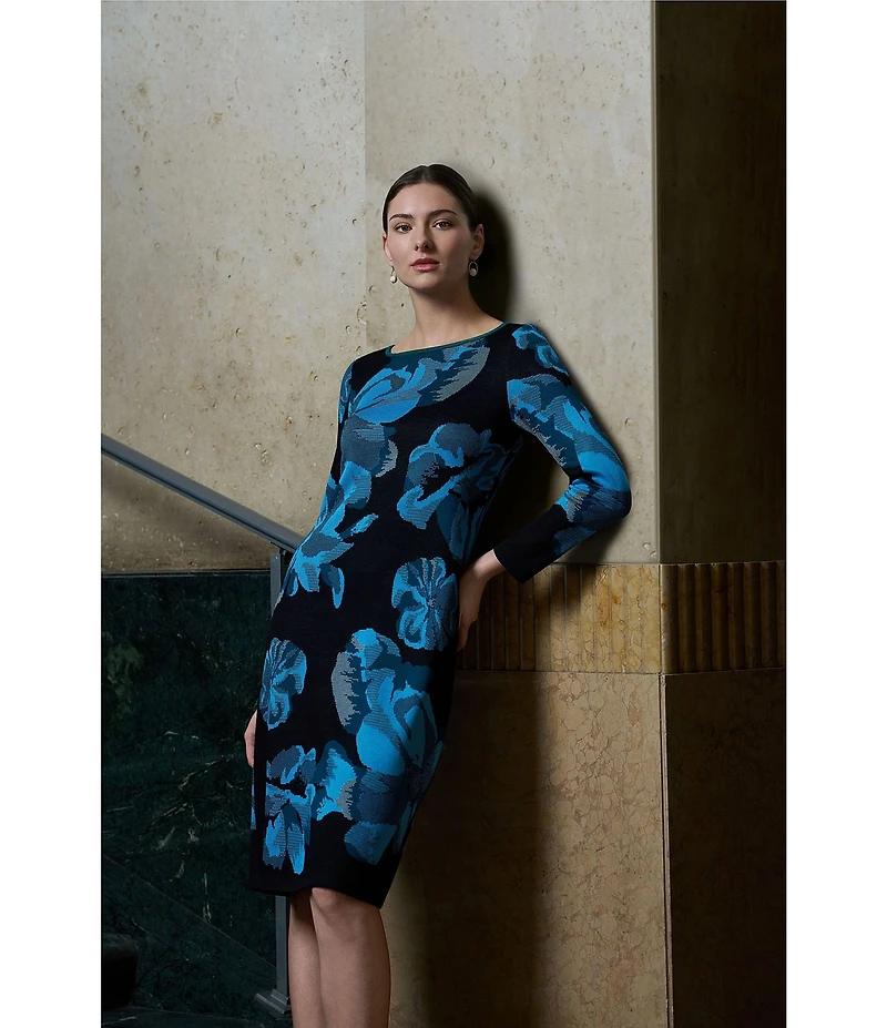 Ming Wang Floral Jacquard Knit Boat Neck Long Sleeve Sheath Dress