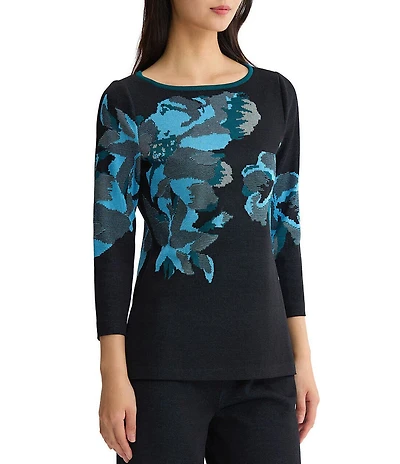 Ming Wang Floral Jacquard Knit Crew Neck Bracelet Sleeve Coordinating Tunic