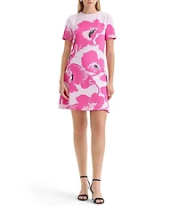 Ming Wang Floral Jacquard Knit Crew Neck Short Sleeve A-Line Dress