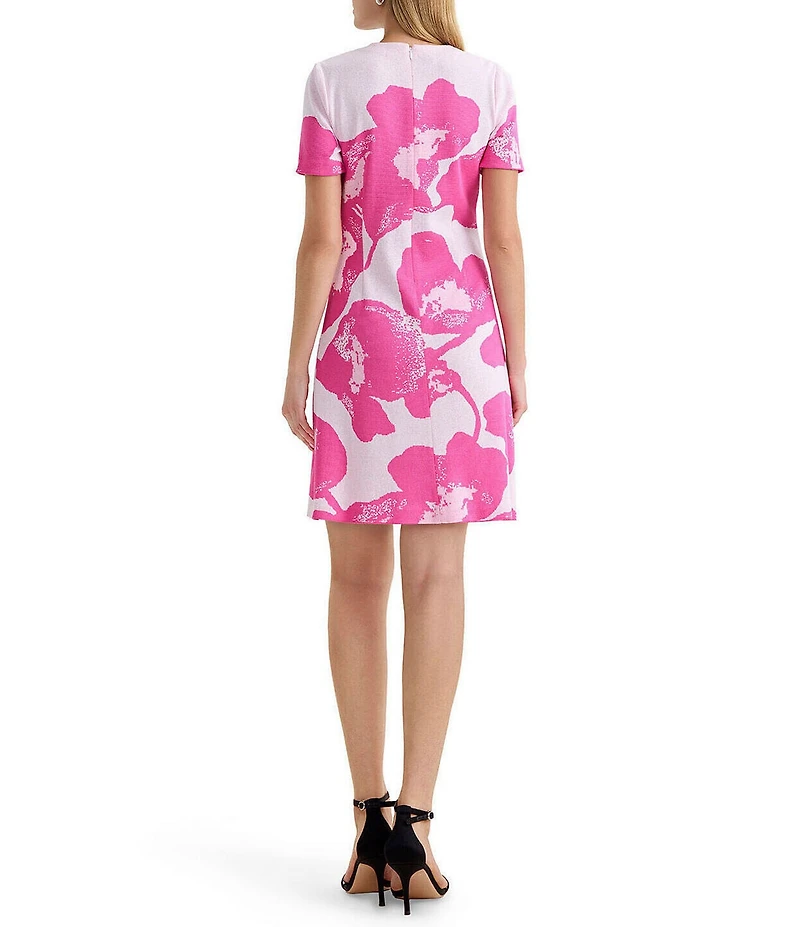 Ming Wang Floral Jacquard Knit Crew Neck Short Sleeve A-Line Dress