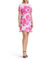 Ming Wang Floral Jacquard Knit Crew Neck Short Sleeve A-Line Dress
