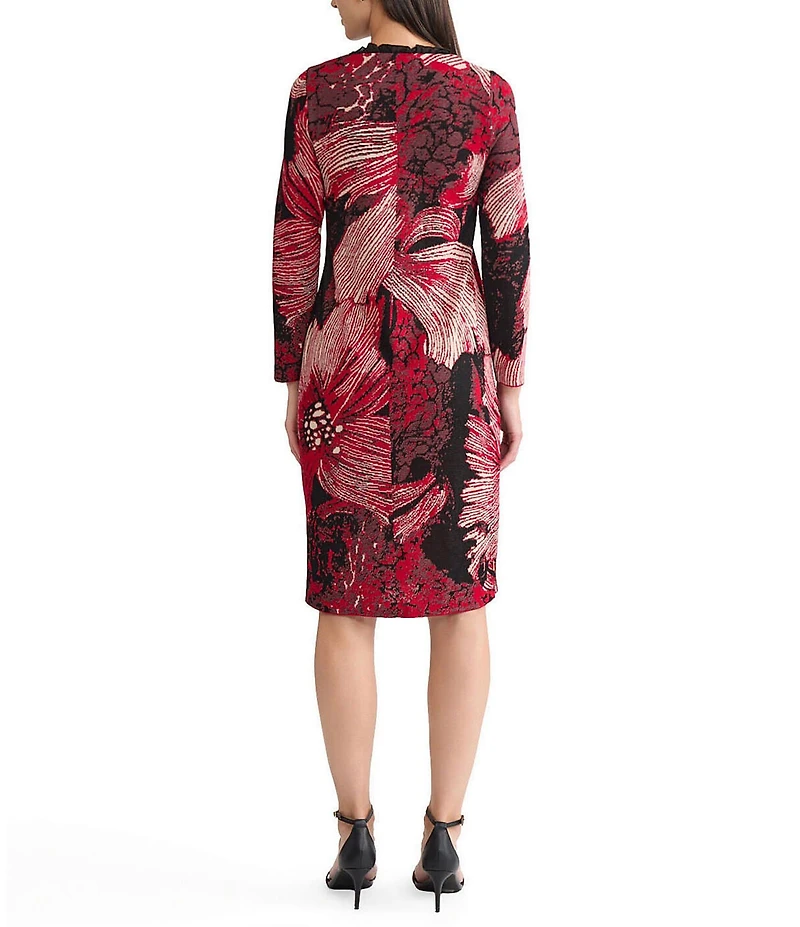 Ming Wang Floral Jacquard Knit Ruffle V-Neck Bracelet Sleeve Sheath Dress